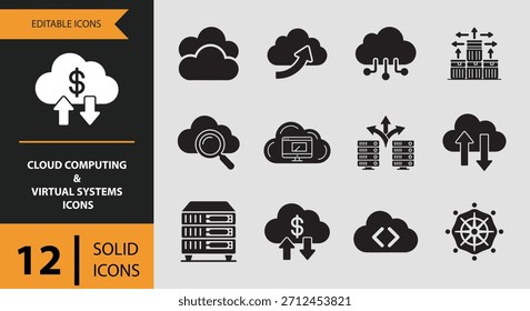 A collection of twelve distinct solid icons representing cloud computing and virtual systems, perfect for digital interfaces and presentations.