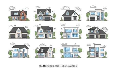Coleção de doze projetos de casas arquitetônicas diversas casas suburbanas modernas vistas exteriores