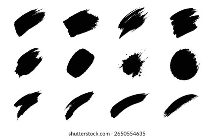 Collection of twelve diverse black ink brush strokes and splatters on a white background