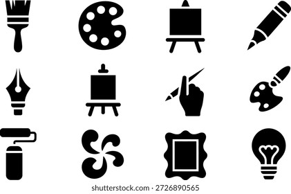 Collection of twelve diverse creative artistic icons for graphic design and artistic expression isolated on transparent background