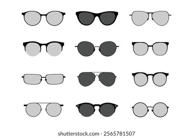 A collection of twelve diverse eyewear designs illustrating various shapes and styles of sunglasses and eyeglasses.