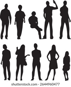 A collection of twelve diverse human silhouettes, depicted in various poses and stances, are presented against a stark white background. 
