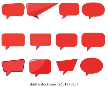 A collection of twelve diverse red speech bubbles and thought bubbles, presented in a grid layout against a clean white background. Ideal for communication, ideas, and dialogue.