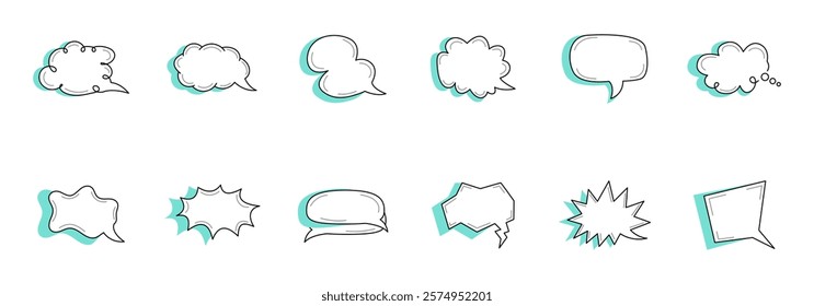 collection of twelve diversely shaped speech bubbles, ideal for communication design.