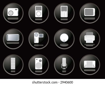 A collection of twelve electronic gadgets buttons in black