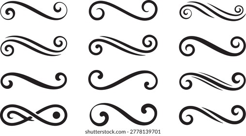 A collection of twelve elegant black scroll flourishes and decorative curves for modern graphic design, branding, and creative borders.