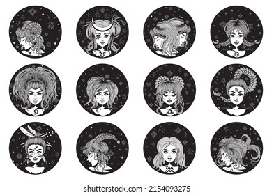 Collection of twelve fantasy girls of each zodiac sign black and white illustration.