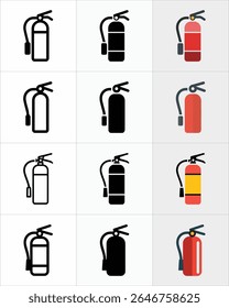 A collection of twelve fire extinguisher icons, presented in line art, silhouette, and color variations against a clean white backdrop, safety equipment.