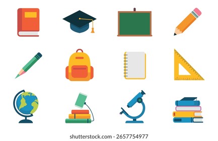 A collection of twelve flat design icons representing school and education. Includes books, a graduation cap, chalkboard, pencils, backpack, notebook, ruler, globe, microscope, and stacks of books.