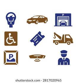 A collection of twelve flat design icons representing various parking and trafficrelated symbols, including meters, cars, signs, and tow trucks.