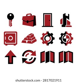 A collection of twelve flat, geometric icons featuring business and securityrelated symbols in highcontrast red and black.