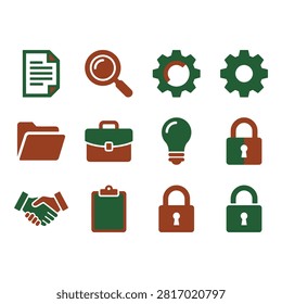 A collection of twelve flat icons featuring business and securityrelated symbols in green and brown tones.