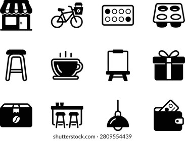 A collection of twelve flat icons representing the interior and business side of a small coffee shop. The set includes a storefront with awning, bicycle with a cup in the basket, chocolate tray, muffin tray, bar stool, steaming mug with saucer, chalkboard easel sign, wrapped gift box, packaging box, bar table with seating, pendant lamp, and a wallet with cash. Suitable for branding, interior design mockups, mobile apps, and projects related to running a small business.