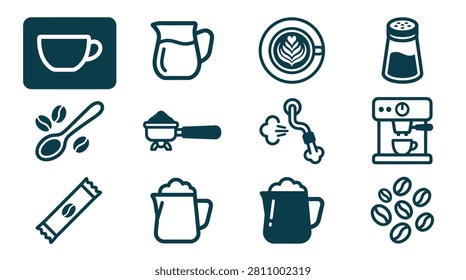 Collection of twelve flat vector coffee icons including espresso machine, milk frothing pitcher, latte art, portafilter, steam wand, coffee beans, sugar packet, and shaker on white background.