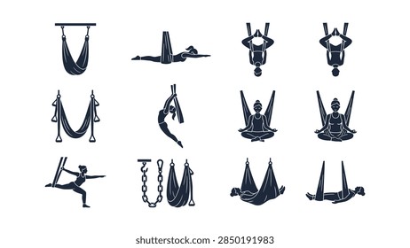 Collection of twelve flat vector icons representing aerial yoga silhouettes of women in various poses with hammocks and professional hanging equipment on white background.