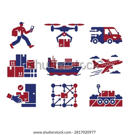 A collection of twelve flatstyle icons depicting various logistics and delivery methods including a person, drone, truck, warehouse, cargo ship, airplane, handshake, flowchart, and train.
