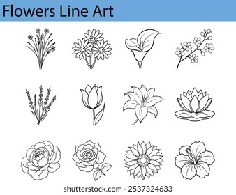 Uma coleção de doze desenhos florais desenhados em estilo de arte de linha preto e branco.  As flores incluem margaridas, cala-lírio, flor de cereja, lavanda, tulipa, lírio, lótus, rosa, girassol e hibisco.