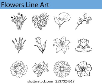 Uma coleção de doze ilustrações de flores desenhadas na arte da linha preta. As flores incluem margaridas, rosas, lírios, tulipas, alfazema e muito mais.