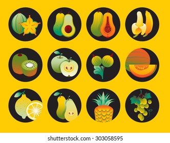 Collection of twelve fruit icons.