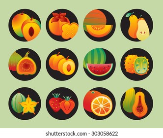 Collection of twelve fruit icons.