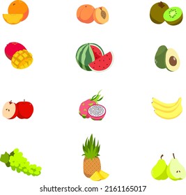 A collection of twelve fruits. Apple, pitahaya(dragon fruit), banana, grape, pineapple, pear, orange, peach, kiwi, mango, watermelon and avocado isolated on white background