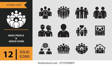 Una colección de doce iconos sólidos fundamentales que representan individuos y grupos, adecuados para diversas aplicaciones de diseño.
