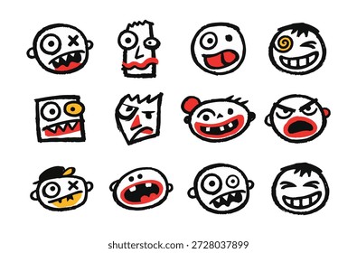 A collection of twelve funny and expressive hand-drawn monster face doodles featuring quirky characters in a bold, sketchy ink style.