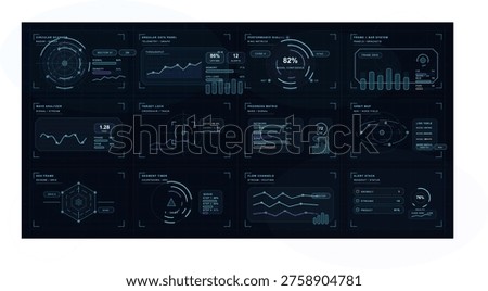 A collection of twelve futuristic user interface widgets and HUD elements featuring circular scanners, line graphs, bar charts, and data telemetry on a dark digital background.