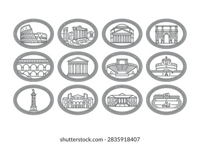 A collection of twelve hand drawn circular icons depicting iconic ancient Roman monuments and historical buildings in a clean minimalist line art style.