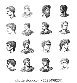 Uma coleção de doze gravuras desenhadas à mão representando bustos masculinos romanos