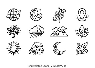 A collection of twelve hand drawn line art icons featuring earth symbols including globe, weather, mountains, plants, sun, moon, dolphin, and travel elements.