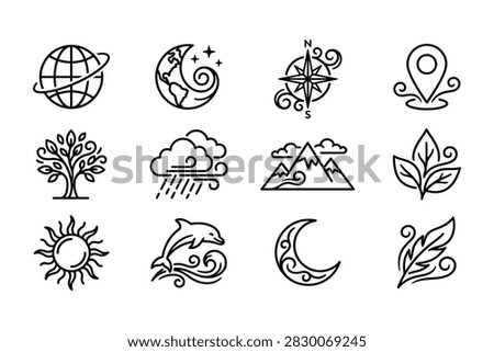 A collection of twelve hand drawn line art icons featuring earth symbols including globe, weather, mountains, plants, sun, moon, dolphin, and travel elements.