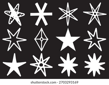 Coleção de Doze Estrelas Brancas Desenhadas à Mão sobre um Fundo Preto