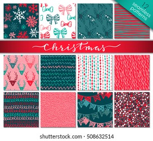 Collection of twelve hand drawn winter holidays seamless patterns with Christmas trees, deers, abstract textures, stripes, snowflakes, bells, gift boxes. Set of vector endless backgrounds