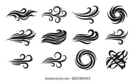 A collection of twelve hand-drawn black ink wind and air flow icons, featuring various swirling, gusty, and breezy weather element graphic designs.