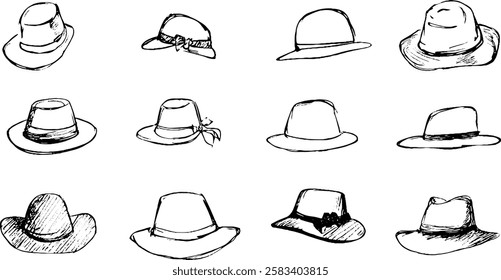 A collection of twelve hand-drawn hats in various styles, including wide-brimmed, cowboy, and sun hats, displayed in a grid format.