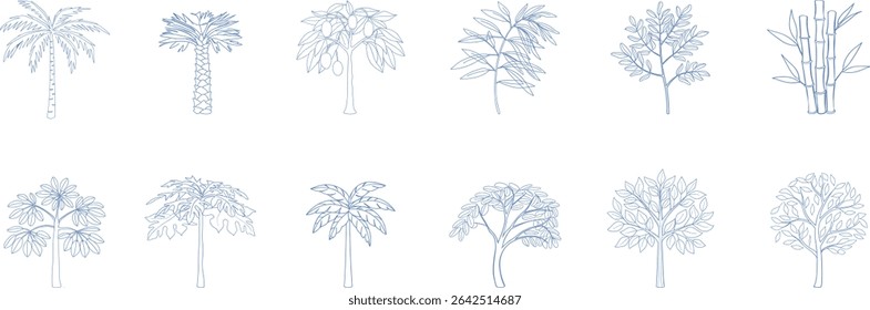 Collection of twelve hand-drawn tropical and deciduous tree illustrations in line art style. Elegant botanical elements perfect for eco design, landscape plans, and natural themes.