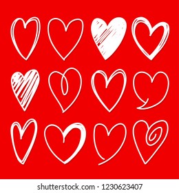 Collection of twelve heart shapes sketched vector icons
