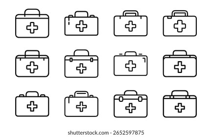 A collection of twelve iconographic first aid kit illustrations designed in a clean minimalist linear style