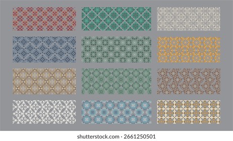Collection of twelve intricate damask patterns.  Perfect for backgrounds, textiles, and design projects.