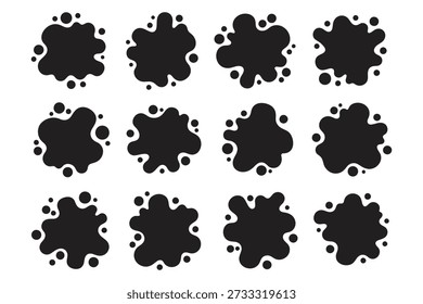 Una colección de doce salpicaduras negras de forma irregular están dispuestas en un patrón similar a una cuadrícula sobre un fondo blanco