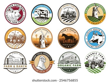 A collection of twelve labels featuring farm and ranch products highlighting organic quality and freshness with illustrations of livestock tractors and natural elements.