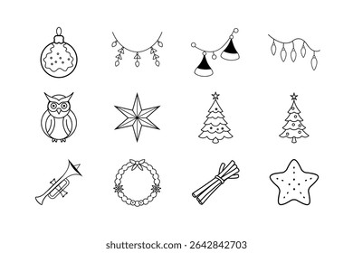 A collection of twelve line art Christmas and winter holiday icons are displayed on a white background, perfect for coloring pages.