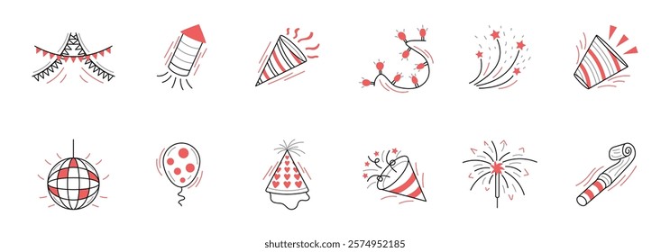 A collection of twelve line art icons depicting various celebratory items commonly associated with parties and festive occasions.