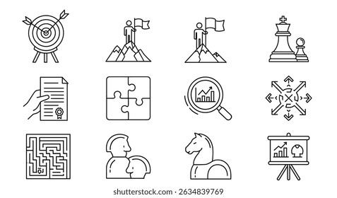 Collection of twelve line art icons depicting business strategy and achievement related concepts shown here on transparent background