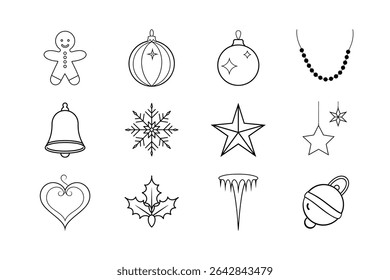 A collection of twelve line art icons featuring holiday themes, including a gingerbread man, ornaments, a bell, and other festive elements.