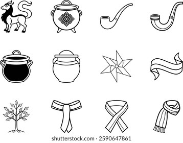 Collection of twelve line art illustrations including mythical creature pot tree and scarf