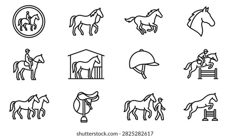 A collection of twelve linear icons representing horses, horse riding, equestrian equipment, and show jumping activities.