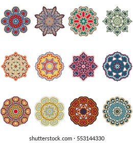 Collection of twelve mandalas. Set of round ornament patterns isolated on white background. Hand drawn vector vintage decorative elements. Islam, arabic, indian motifs