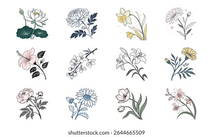 Uma coleção de doze feixes de flores meticulosamente trabalhados exibindo uma variedade diversificada de flores.